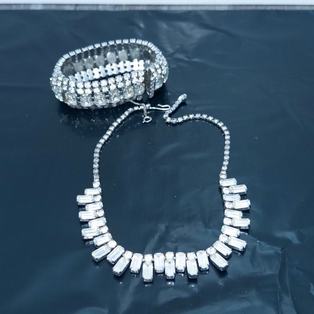 Vintage Albert Weiss Silver Crystal Rhinestone Necklace & Bracelet Set